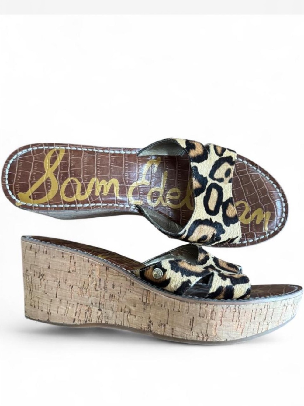 Sam Edelman Women’s 8.5 Reid Cork Wedge Heels Sandals Leopard Cheetah Y2K